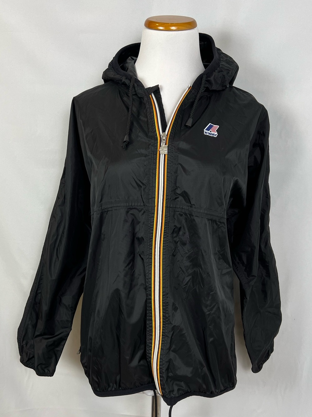 K-Way Black Hooded Windbreaker with Yellow-Trim Zip